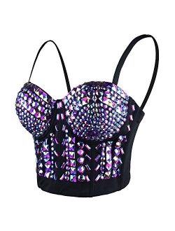 ELLACCI Women's Sexy Rhinestone Bustier Crop Top Club Party Glitter Corset Top Bra Purple