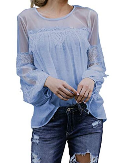 Biucly Womens Casual Lace Crochet Blouses Lantern Long Sleeve Shirts Loose Tops (S-XXL)