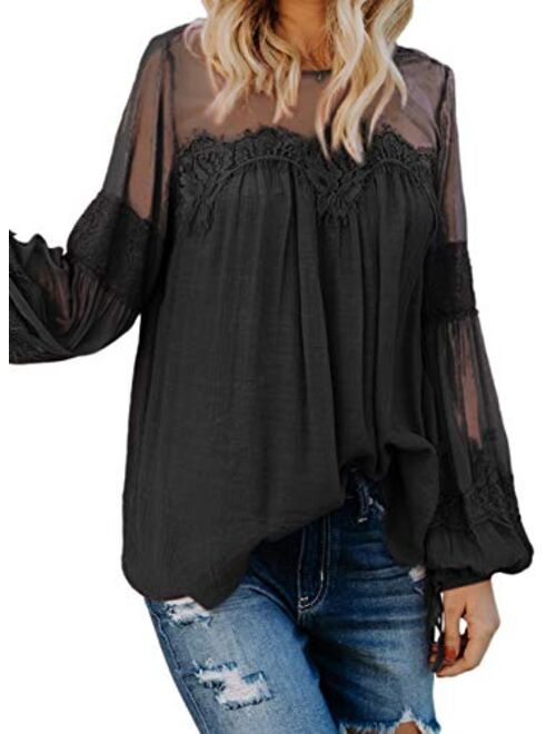 Biucly Womens Casual Lace Crochet Blouses Lantern Long Sleeve Shirts Loose Tops (S-XXL)