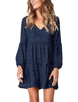 Sherosa Womens Summer Long Sleeve Tunic Dress Ruffle V Neck Swing Shift Dresses