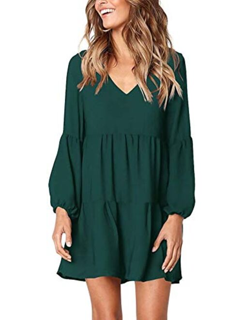 Sherosa Womens Summer Long Sleeve Tunic Dress Ruffle V Neck Swing Shift Dresses