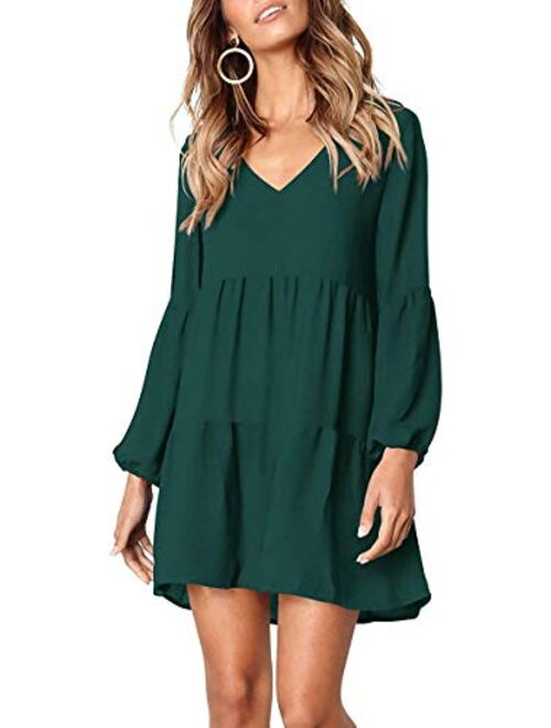 Sherosa Womens Summer Long Sleeve Tunic Dress Ruffle V Neck Swing Shift Dresses