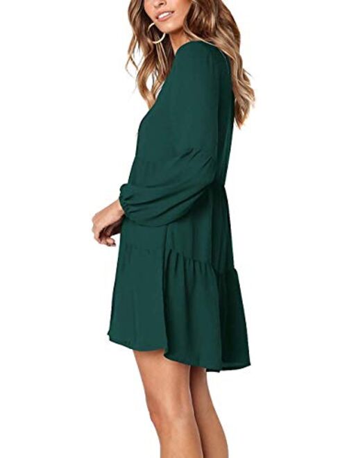 Sherosa Womens Summer Long Sleeve Tunic Dress Ruffle V Neck Swing Shift Dresses