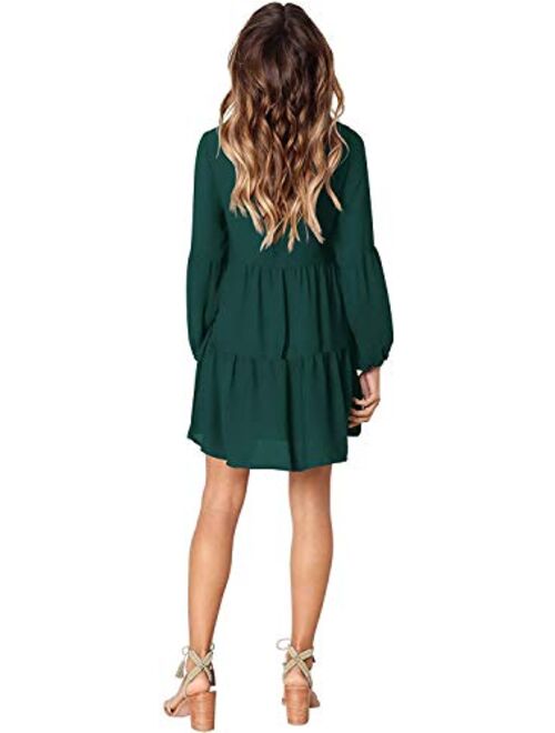 Sherosa Womens Summer Long Sleeve Tunic Dress Ruffle V Neck Swing Shift Dresses