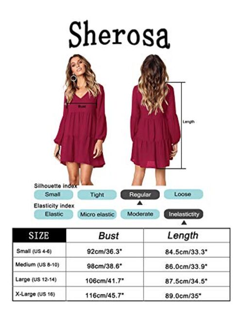 Sherosa Womens Summer Long Sleeve Tunic Dress Ruffle V Neck Swing Shift Dresses