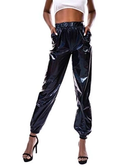 Zaxicht Women's Metallic Shinny Pants, Casual Holographic Jogger Sweatpants Punk Hip Hop Trousers Streetwear