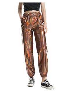 Zaxicht Women's Metallic Shinny Pants, Casual Holographic Jogger Sweatpants Punk Hip Hop Trousers Streetwear