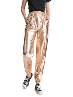 Zaxicht Women's Metallic Shinny Pants, Casual Holographic Jogger Sweatpants Punk Hip Hop Trousers Streetwear