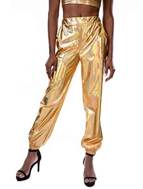 Zaxicht Women's Metallic Shinny Pants, Casual Holographic Jogger Sweatpants Punk Hip Hop Trousers Streetwear