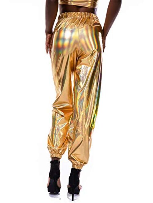 Zaxicht Women's Metallic Shinny Pants, Casual Holographic Jogger Sweatpants Punk Hip Hop Trousers Streetwear