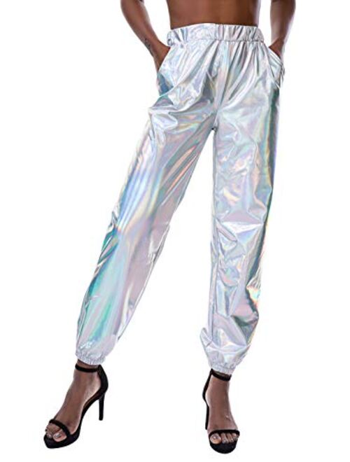 Zaxicht Women's Metallic Shinny Pants, Casual Holographic Jogger Sweatpants Punk Hip Hop Trousers Streetwear