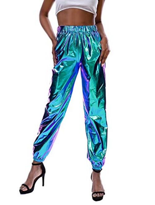 Zaxicht Women's Metallic Shinny Pants, Casual Holographic Jogger Sweatpants Punk Hip Hop Trousers Streetwear