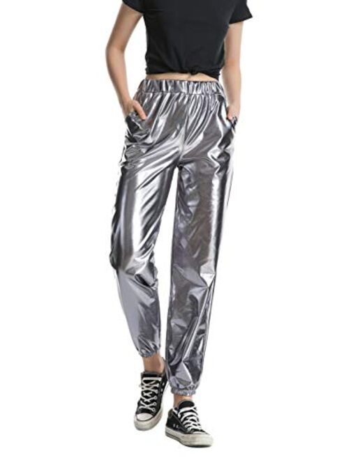 Zaxicht Women's Metallic Shinny Pants, Casual Holographic Jogger Sweatpants Punk Hip Hop Trousers Streetwear