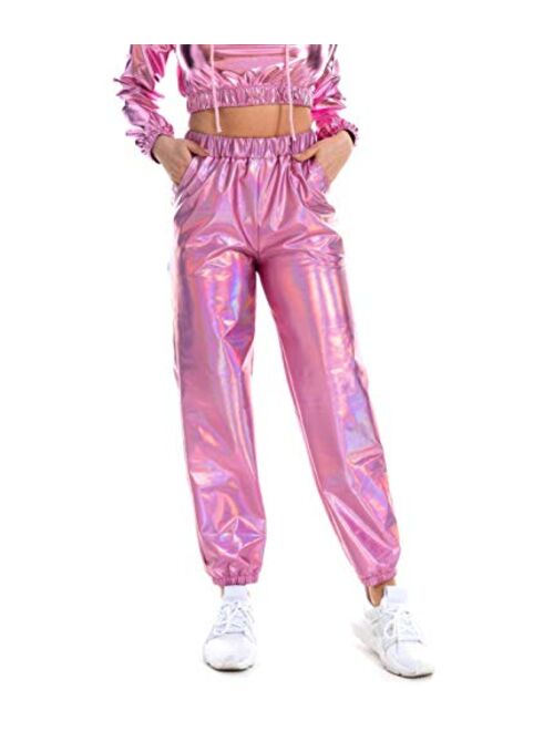 Zaxicht Women's Metallic Shinny Pants, Casual Holographic Jogger Sweatpants Punk Hip Hop Trousers Streetwear