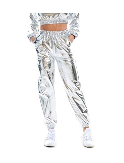 Zaxicht Women's Metallic Shinny Pants, Casual Holographic Jogger Sweatpants Punk Hip Hop Trousers Streetwear