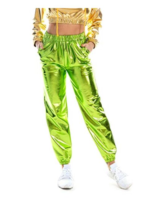 Zaxicht Women's Metallic Shinny Pants, Casual Holographic Jogger Sweatpants Punk Hip Hop Trousers Streetwear