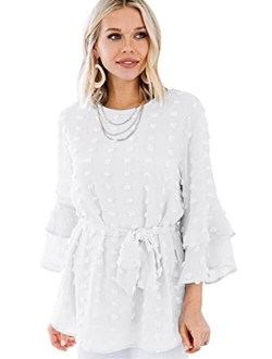 MulEtour Womens Casual V Neck Chiffon Lantern Sleeve Blouse Elegant Swiss Dot Tunic Top Shirt Loose Fit