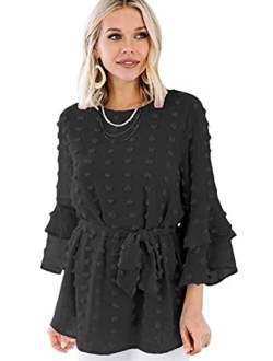 MulEtour Womens Casual V Neck Chiffon Lantern Sleeve Blouse Elegant Swiss Dot Tunic Top Shirt Loose Fit