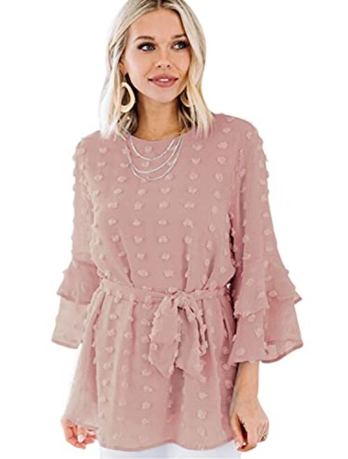 MulEtour Womens Casual V Neck Chiffon Lantern Sleeve Blouse Elegant Swiss Dot Tunic Top Shirt Loose Fit