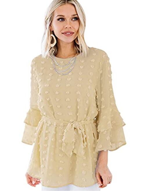 MulEtour Womens Casual V Neck Chiffon Lantern Sleeve Blouse Elegant Swiss Dot Tunic Top Shirt Loose Fit