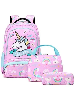 Peonys Girls School Backpacks with Lunch Box Unicorn Backpack School bag 3 in 1 Bookbag Set for Elementary