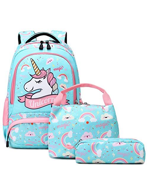 Peonys Girls School Backpacks with Lunch Box Unicorn Backpack School bag 3 in 1 Bookbag Set for Elementary