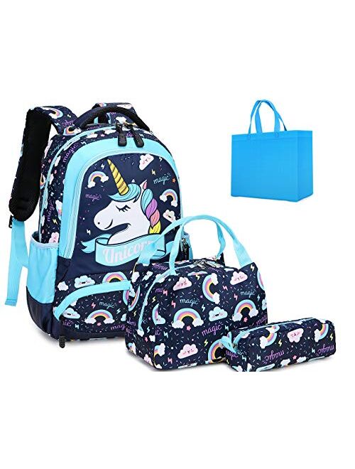 Peonys Girls School Backpacks with Lunch Box Unicorn Backpack School bag 3 in 1 Bookbag Set for Elementary