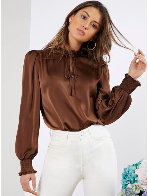 SHEIN Tie Neck Shirred Cuff Satin Top