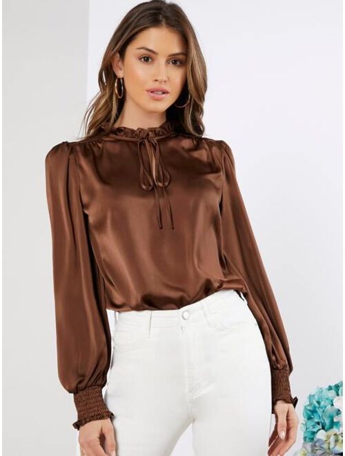 SHEIN Tie Neck Shirred Cuff Satin Top