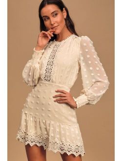 Lust or Love Cream Embroidered Lace Long Sleeve Dress