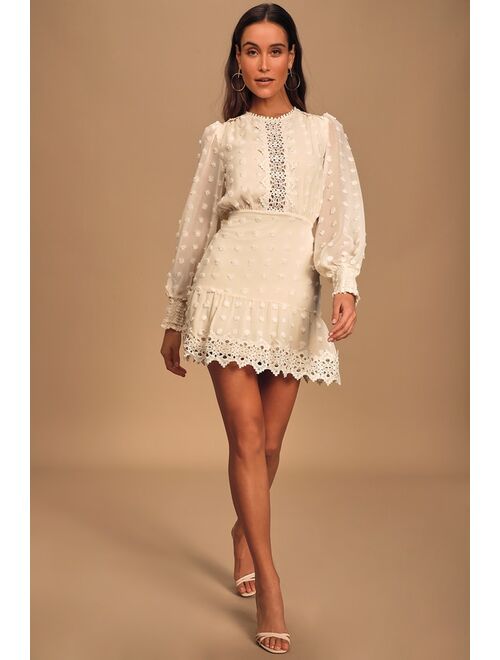 Lulus Lust or Love Cream Embroidered Lace Long Sleeve Dress