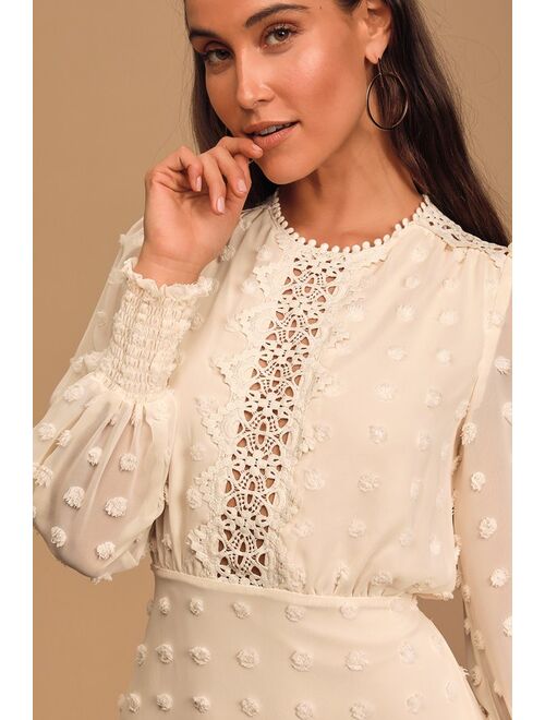 Lulus Lust or Love Cream Embroidered Lace Long Sleeve Dress