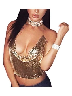 Women's Crystal Halter Chainmail Sparkle Crop Top Clubwear Vest