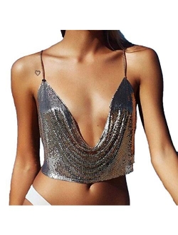 Women's Crystal Halter Chainmail Sparkle Crop Top Clubwear Vest