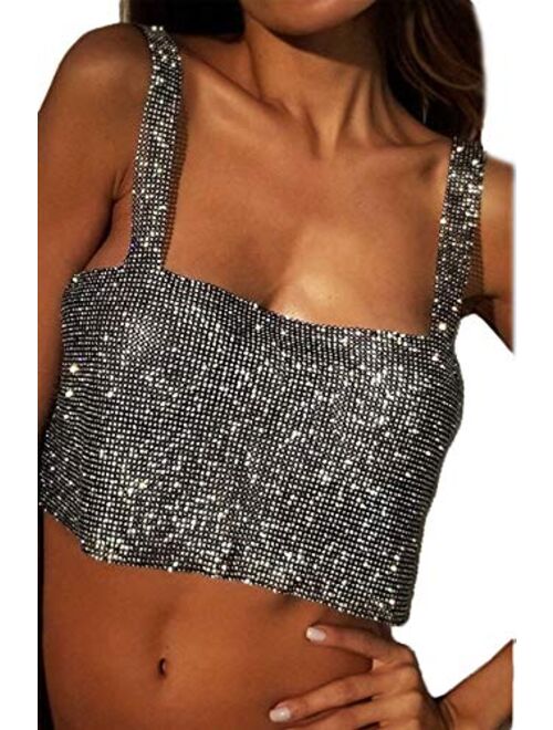 Women's Crystal Halter Chainmail Sparkle Crop Top Clubwear Vest