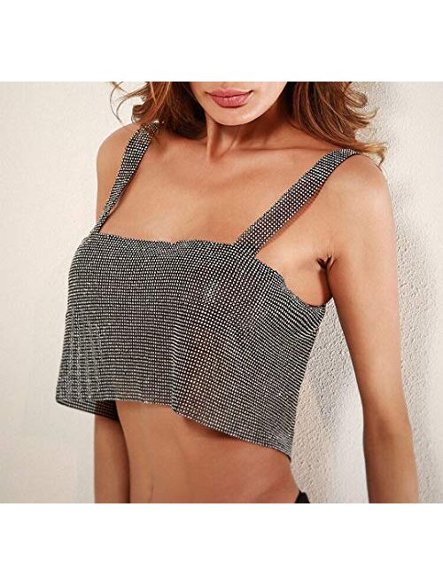 Women's Crystal Halter Chainmail Sparkle Crop Top Clubwear Vest