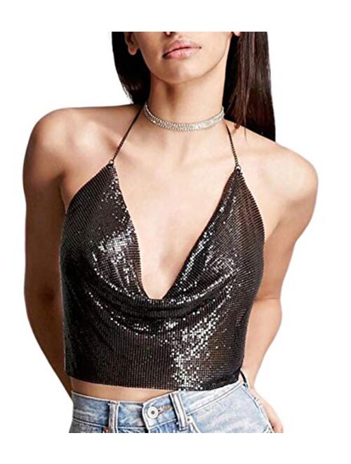 Women's Crystal Halter Chainmail Sparkle Crop Top Clubwear Vest