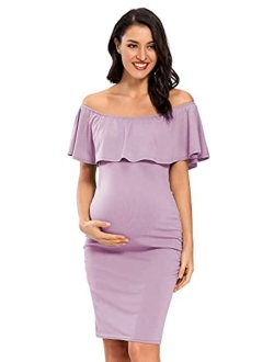 Jezero Women's Maternity Dress Off Shoulder Ruffle Sleeveless Bodycon Dress for Baby Shower