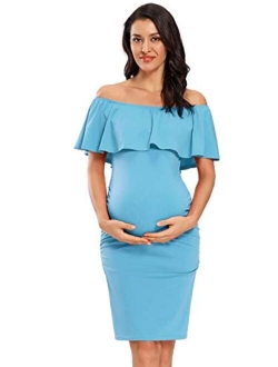 Jezero Women's Maternity Dress Off Shoulder Ruffle Sleeveless Bodycon Dress for Baby Shower