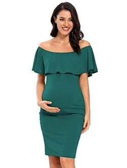 Jezero Women's Maternity Dress Off Shoulder Ruffle Sleeveless Bodycon Dress for Baby Shower