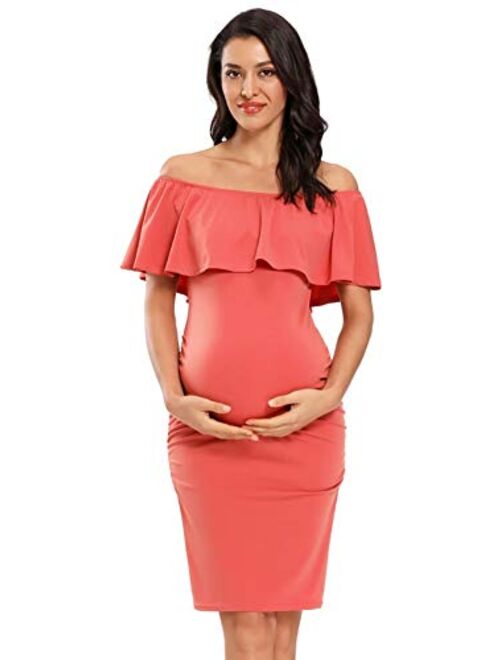 Jezero Women's Maternity Dress Off Shoulder Ruffle Sleeveless Bodycon Dress for Baby Shower