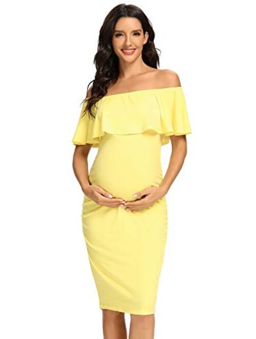 Jezero Women's Maternity Dress Off Shoulder Ruffle Sleeveless Bodycon Dress for Baby Shower