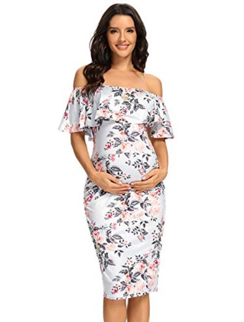 Jezero Women's Maternity Dress Off Shoulder Ruffle Sleeveless Bodycon Dress for Baby Shower