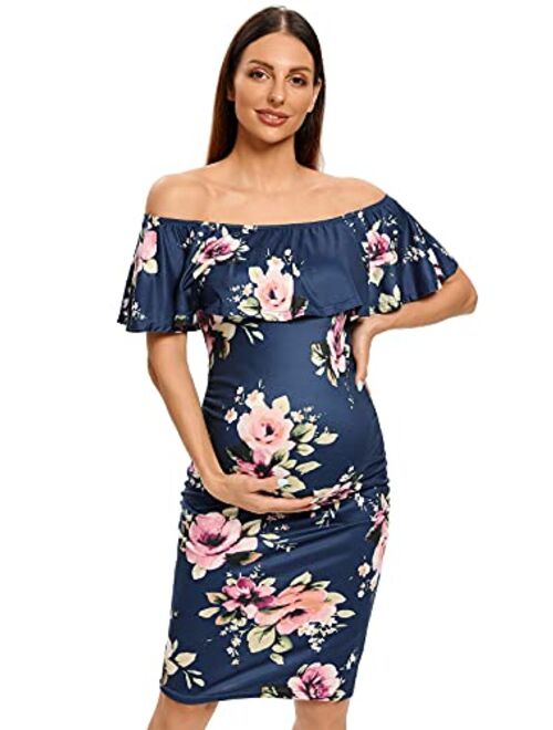 Jezero Women's Maternity Dress Off Shoulder Ruffle Sleeveless Bodycon Dress for Baby Shower