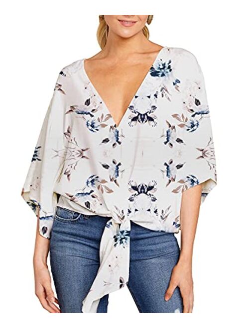 Bell Sleeve Tops for Women V-Neck Boho Printed Tie Front Shirts Short Sleeve Baggy Blouse