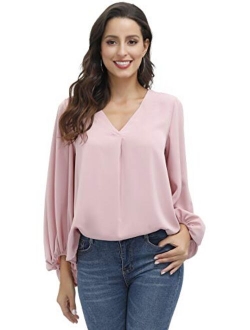 BUENOS NINOS Women's Dressy Tops Balloon Long Sleeve Blouse V Neck Casual Floral Loose Shirts