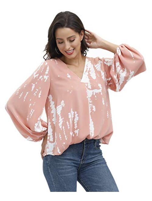 BUENOS NINOS Women's Dressy Tops Balloon Long Sleeve Blouse V Neck Casual Floral Loose Shirts