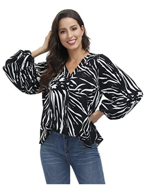 BUENOS NINOS Women's Dressy Tops Balloon Long Sleeve Blouse V Neck Casual Floral Loose Shirts