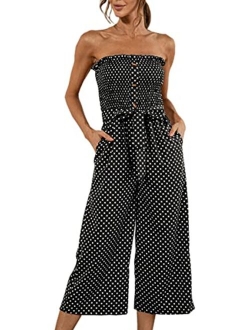 Angashion Women’s Jumpsuit-Casual Off Shoulder Sleeveless Ruffle Button Belt Wide Leg Jumpsuits Romper with Pockets