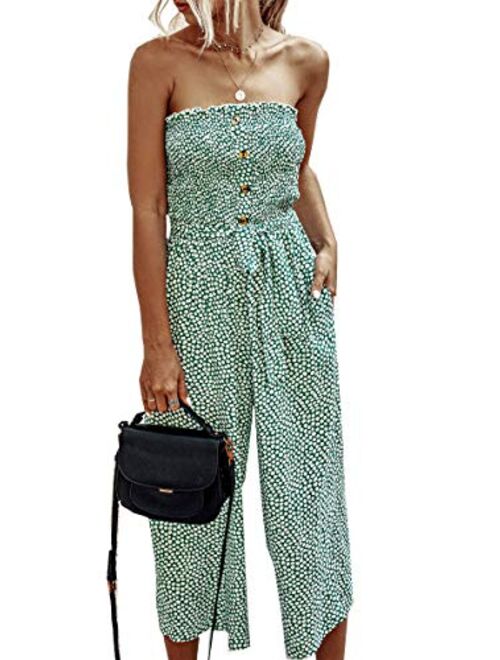 Angashion Women’s Jumpsuit-Casual Off Shoulder Sleeveless Ruffle Button Belt Wide Leg Jumpsuits Romper with Pockets